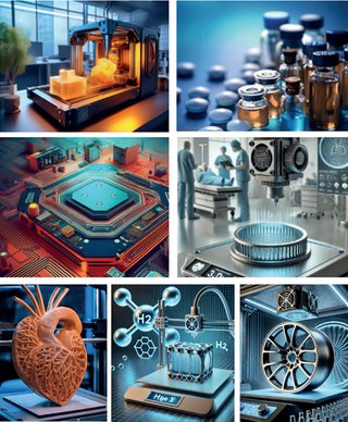 Multimaterial-AM AI-generated collage of modern applications of additive manufacturing in sectors such as medicine, energy, electronics and mobility