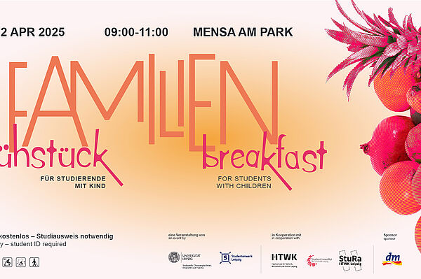 Plakat Familienfrühstück. Farbton onrange/pink. Abgebildet sind verschiedene Früchte.
