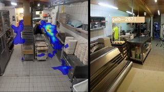 Auto-Prozess Two side-by-side images of bakery spaces with color-coded activity zones