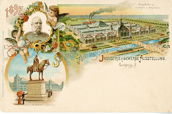 Diese Postkarte zeigt den Blick auf die Haupthalle für Industrie und Maschinen und den Schirmherren König Albert von Sachsen