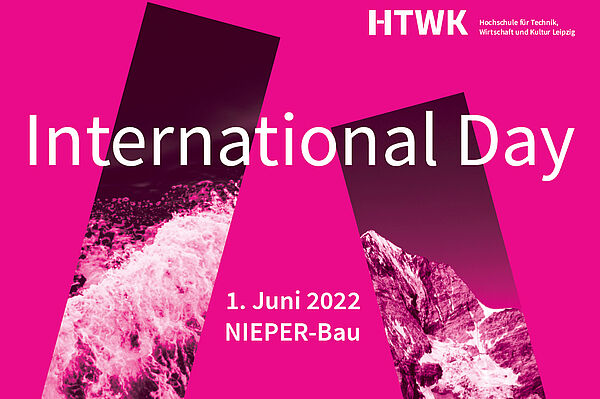 Schriftug "International Day" vor magentafarbenem Hintergrund