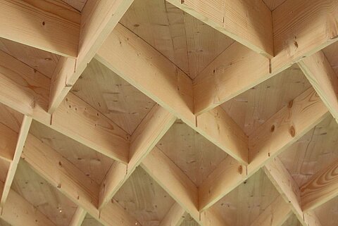 TimberPlan+ Nahaufnahme des Zollingerdachs mit wabenförmigen Lamellen