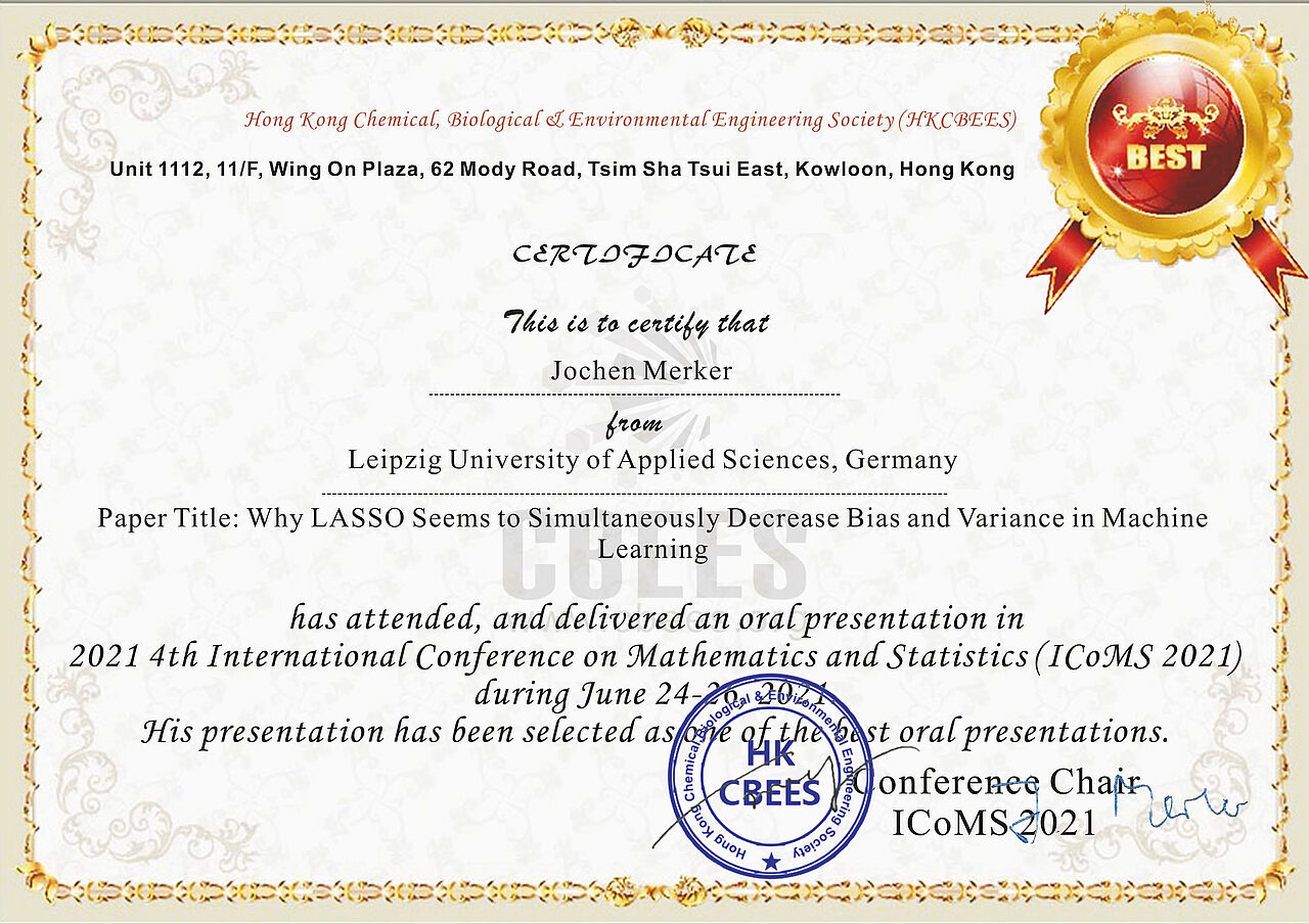Urkunde für den Best Presentation Award