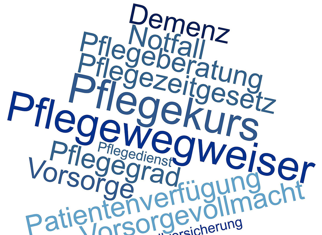 Verschiedene Wörter zum Thema Pflege: Demenz, Notfall, Pflegeberatung, Pflegekurs, Pflegegrad, Vorsorge