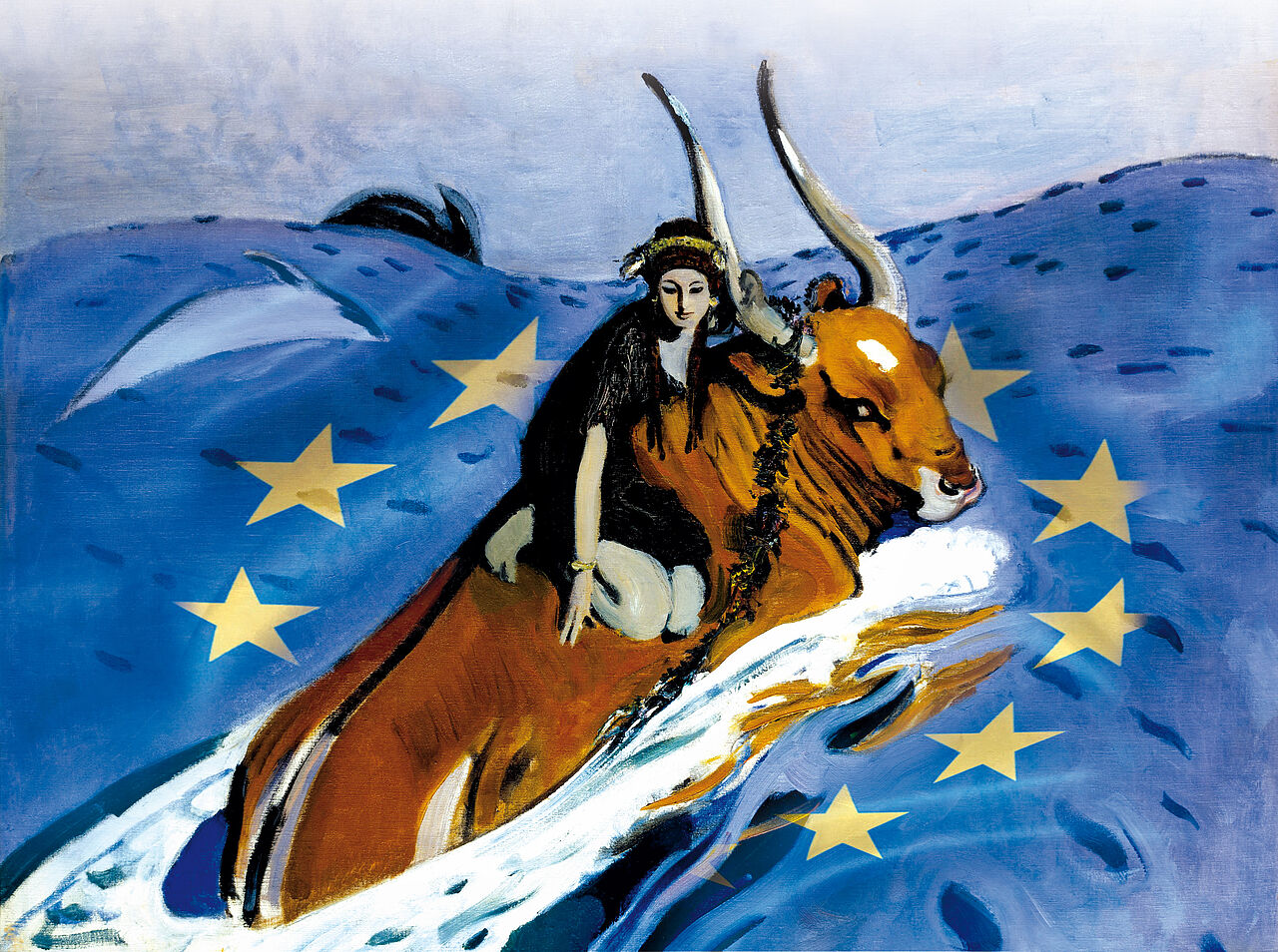 Europa und der Stier auf dem Meer/der Europaflagge
