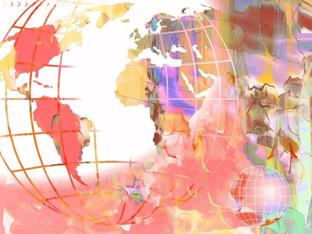 Hochschulsprachenzentrum an der HTWK. Eine Computergrafik zeigt eine etwas durchsichtige Weltkugel. Die Länder sind farbig und am rechten Rand des Bildes kamen verschiedene Farben verschwommen zusammen.