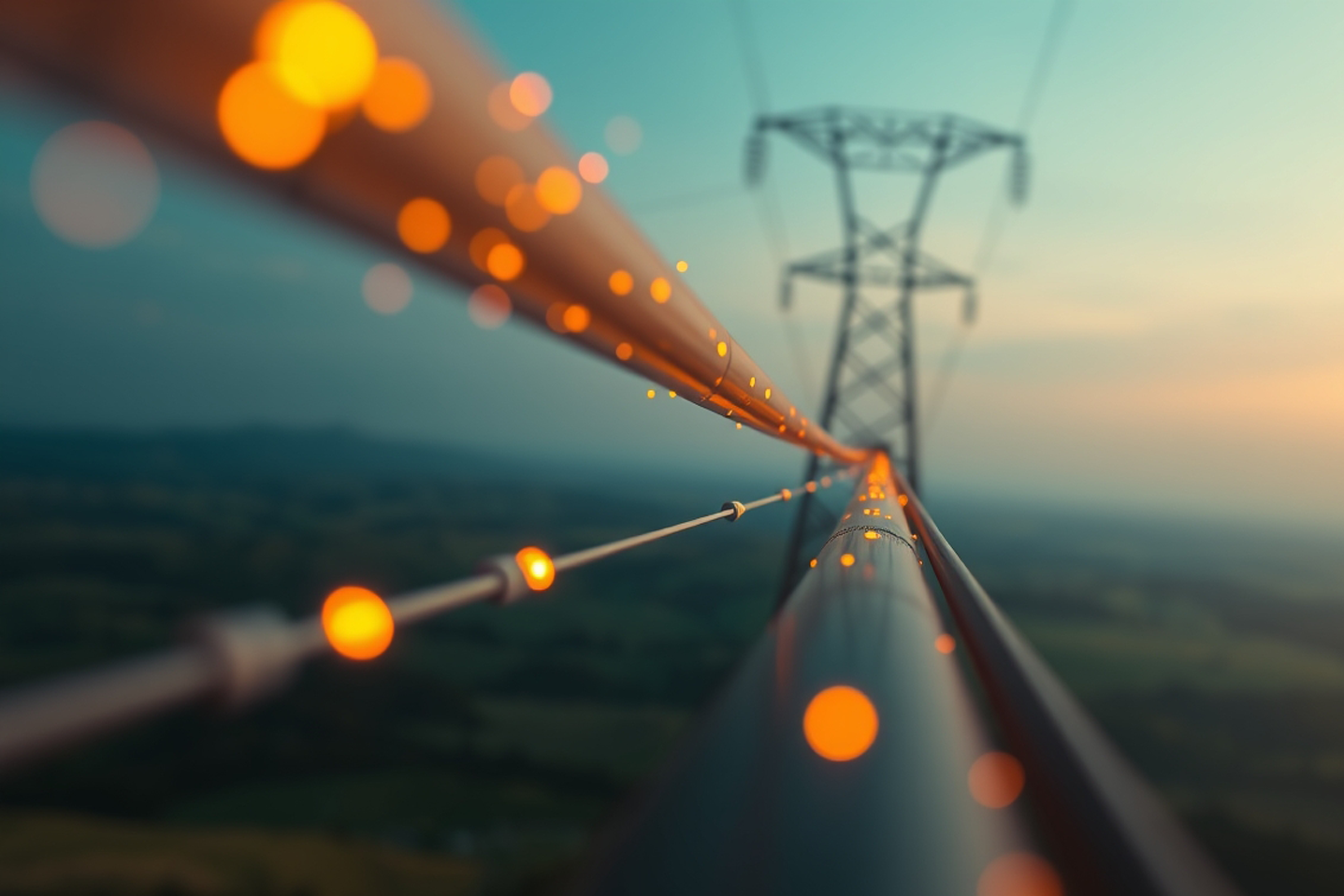 KI-generiertes Bild - Nahaufnahme von Kabel, das zum Strommasten mit Hochspannung führt bei Sonnenuntergang/bei Verlinkung führt Link zur Projektwebsite