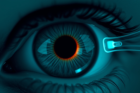 Nahaufnahme eines KI-generierten Auges mit einer blaugrünen Iris und einem hellen, technischen Element am Rand