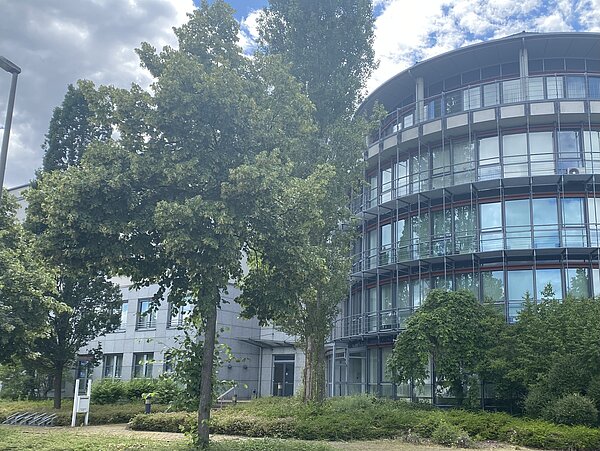 Sächsisches Staatsarchiv Leipzig Ein mehrstöckiges Gebäude hinter mehreren hohen Bäumen. Das Gebäude hat zum Teil eine graue Steinfassade, zum Teil eine Glasfassade. Der Bereich mit Glasfassade ist abgerundet.