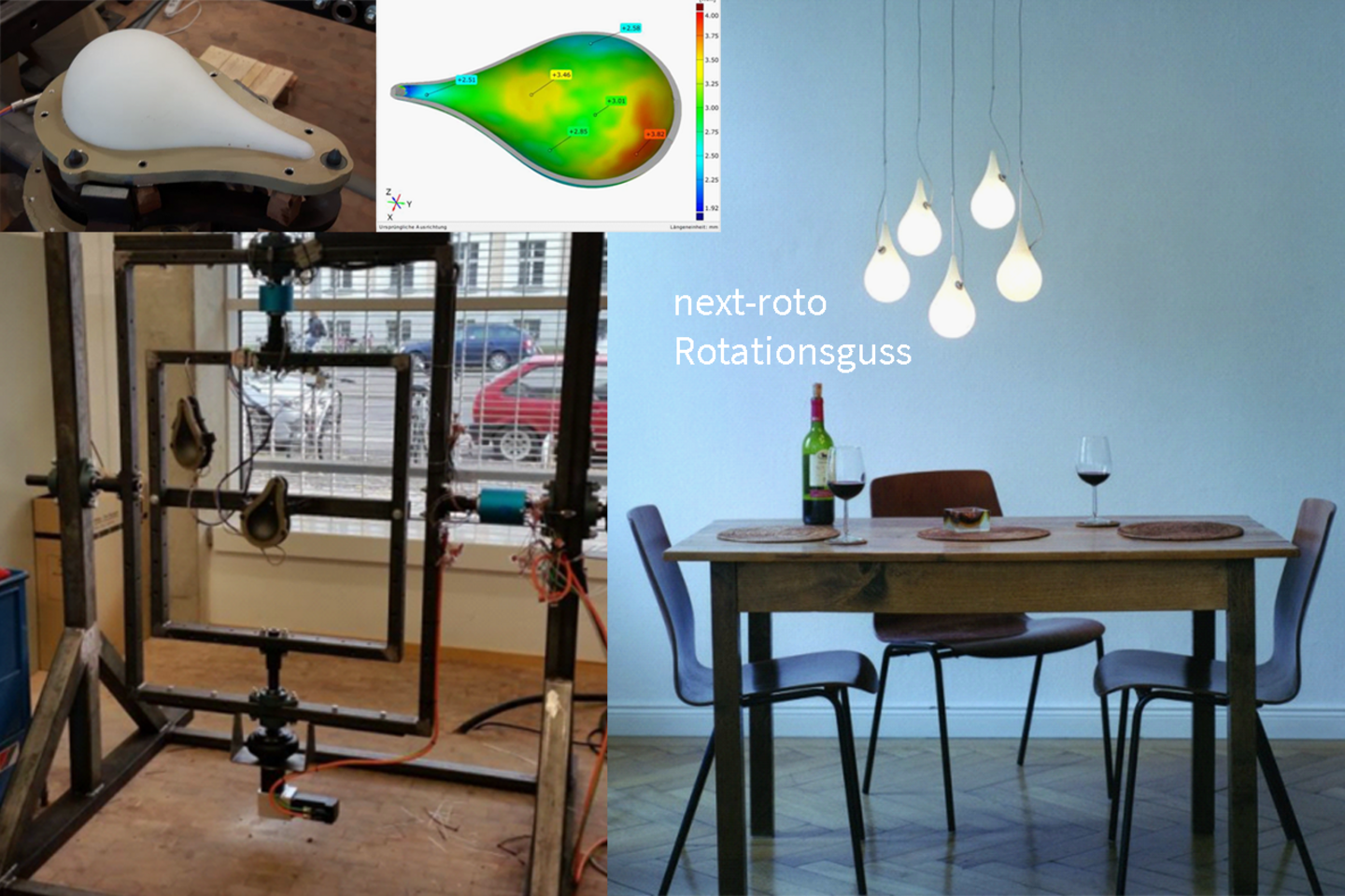Links eine Maschine mit Holzrahmen und Werkzeug; rechts ein Tisch mit Stühlen, Gläsern und Lampe