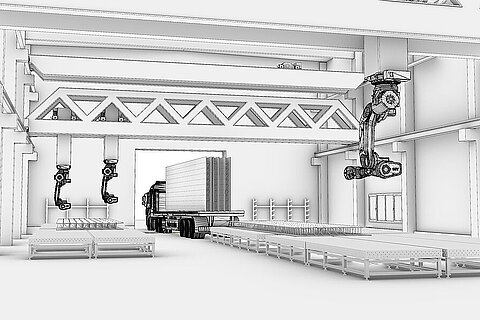 Schematische Darstellung einer Industriehalle mit Roboterarmen und LKW