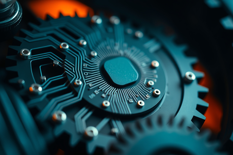 KI-generiertes Bild zeigt Nahaufnahme eines mechanisches Getriebe mit Zahnrad und Schaltkreisen