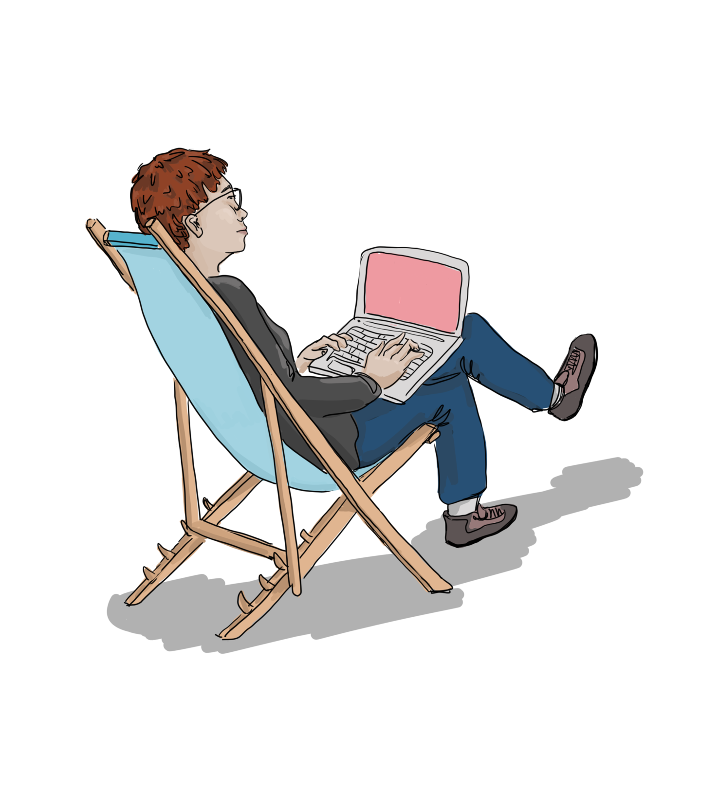 (Illustration: Marie Nowicki) Illustration von einem Studenten, der mit seinem Laptop auf dem Schoß auf einem Liegestuhl sitzt