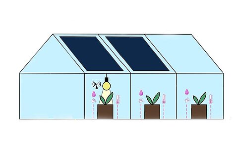 Schematische Darstellung eines blauen Gewächshaus mit Pflanzen
