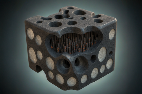 Schwarzer Würfel mit Löchern und Stacheln (KI-generiert)