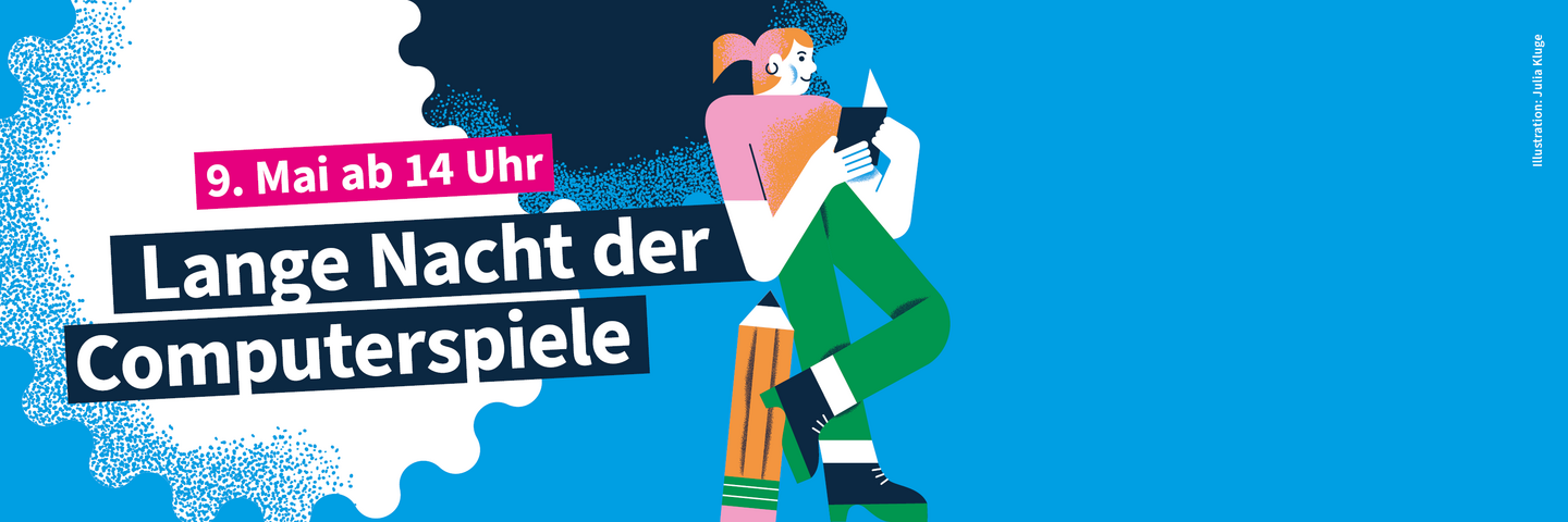  Grafisch-dekorativer Werbeslider für die Lange Nacht der Computerspiele am 09.05.2026