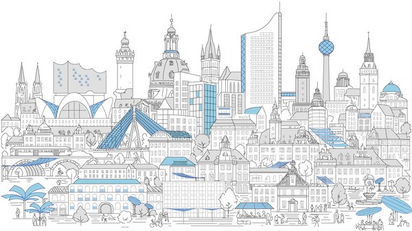 Grafik einer Stadt mit Photovoltaik-Anlagen