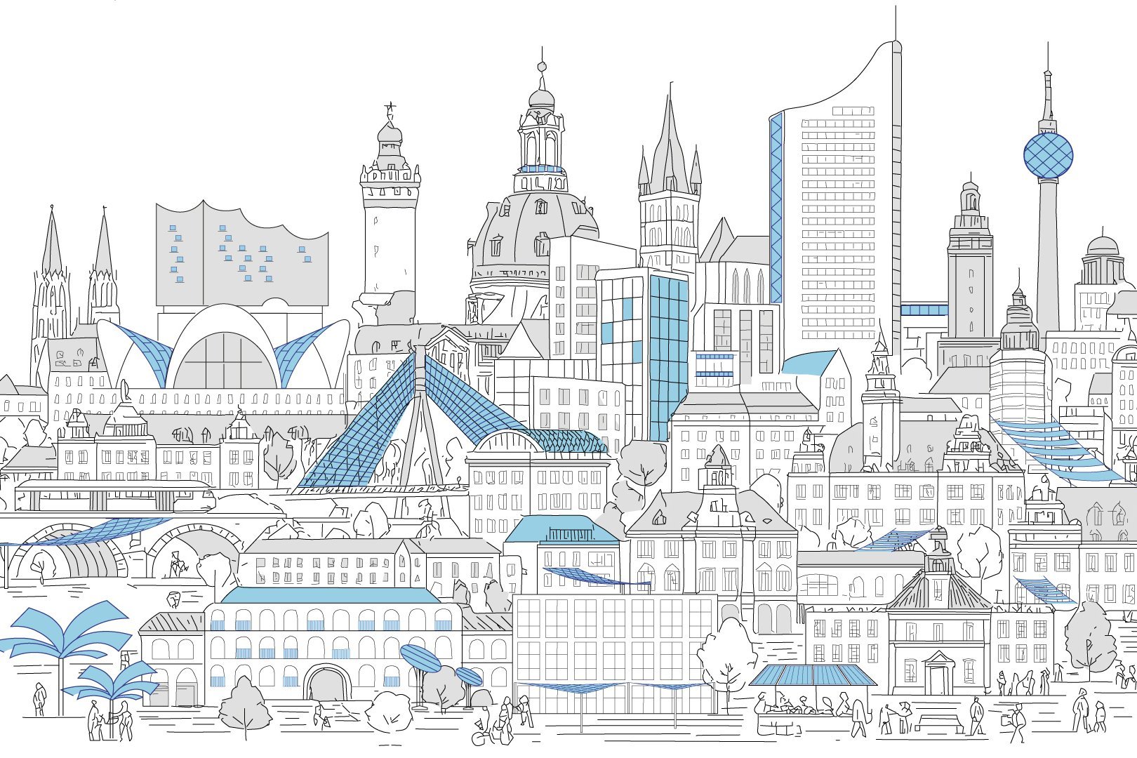 Pop-up PV Grafik Grafik einer Stadt mit Photovoltaik-Anlagen