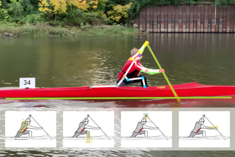 Ruderer im Boot mit Analysegrafiken