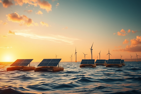 Sonnenkollektoren und Windräder im Meer (KI-generiert)