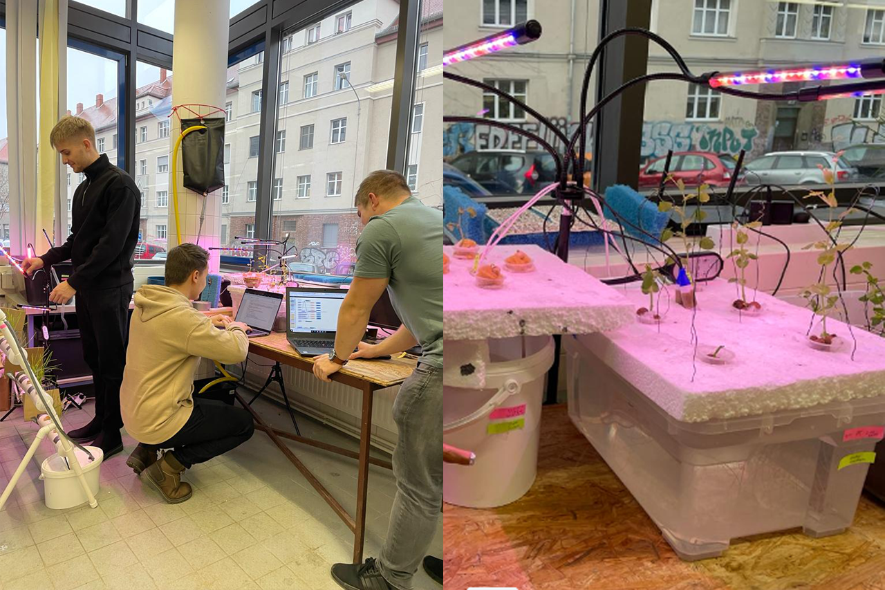 Versuchsstand Hydroponik: links - Studenten Maurice, Lars und Florian im Rahmen des Messtechnik Praktikums, rechts - Tropf-System, Docht-System, Kratky-Methode