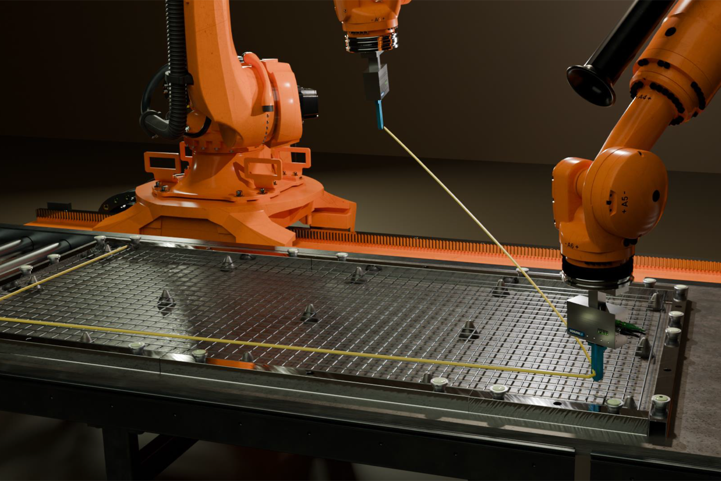 Two robotic arms take measurements across a panel using wires; clicking the link takes you to the project website