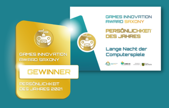 goldenes Eblem mit der Aufschrift Games Innovation Award Saxony Gewinner in der Kategorie Persönlichkeit des Jahres