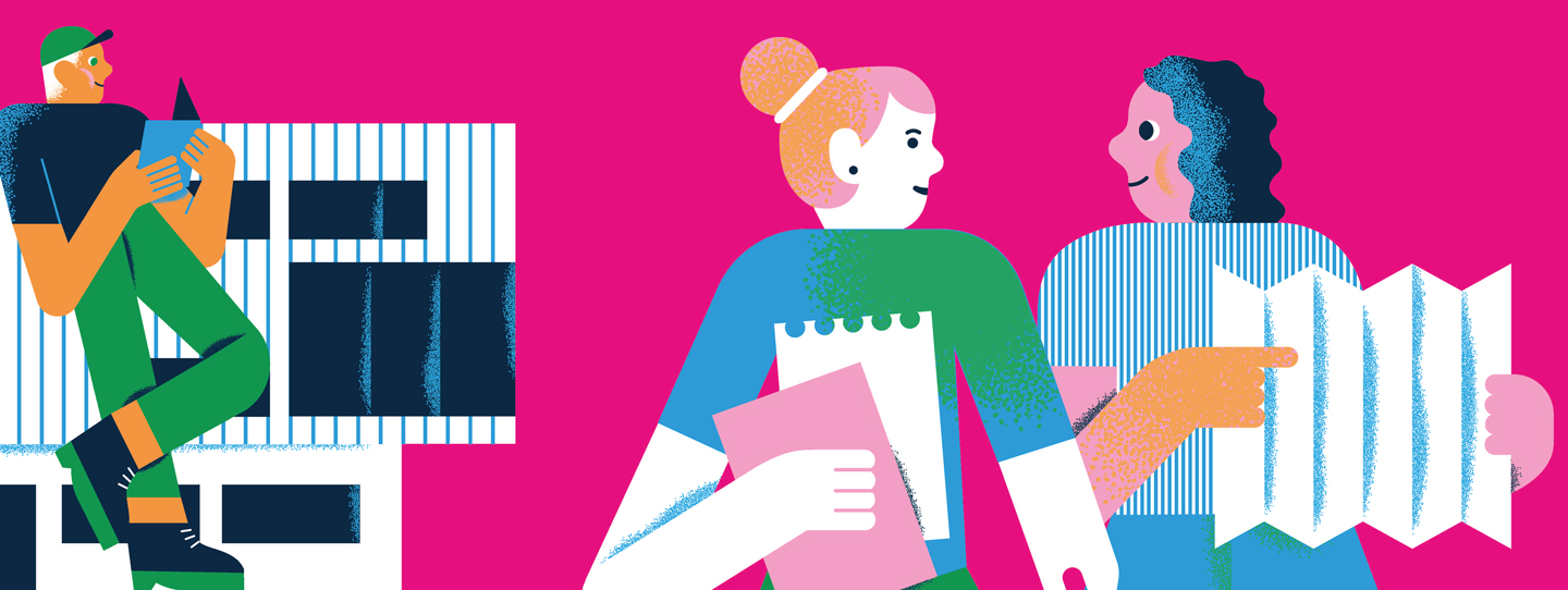 Abstrakte Illustrationen mit Studieninteressierten mt Handy und Karte in den Händen