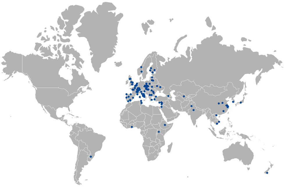 Simple world map with dots marking our partner universities