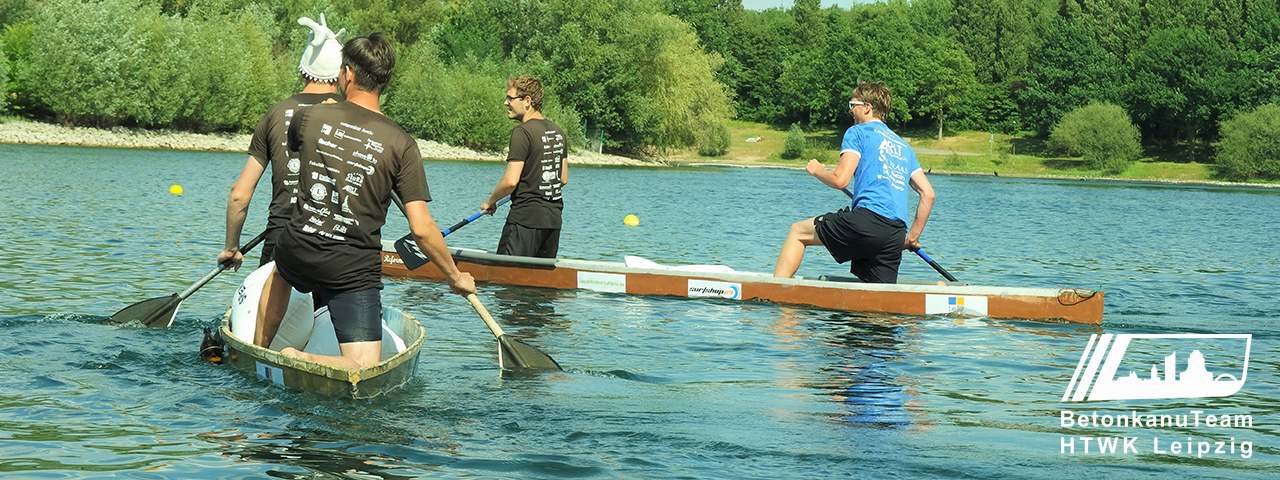 The team of concrete canoe builders is canoeing on a river