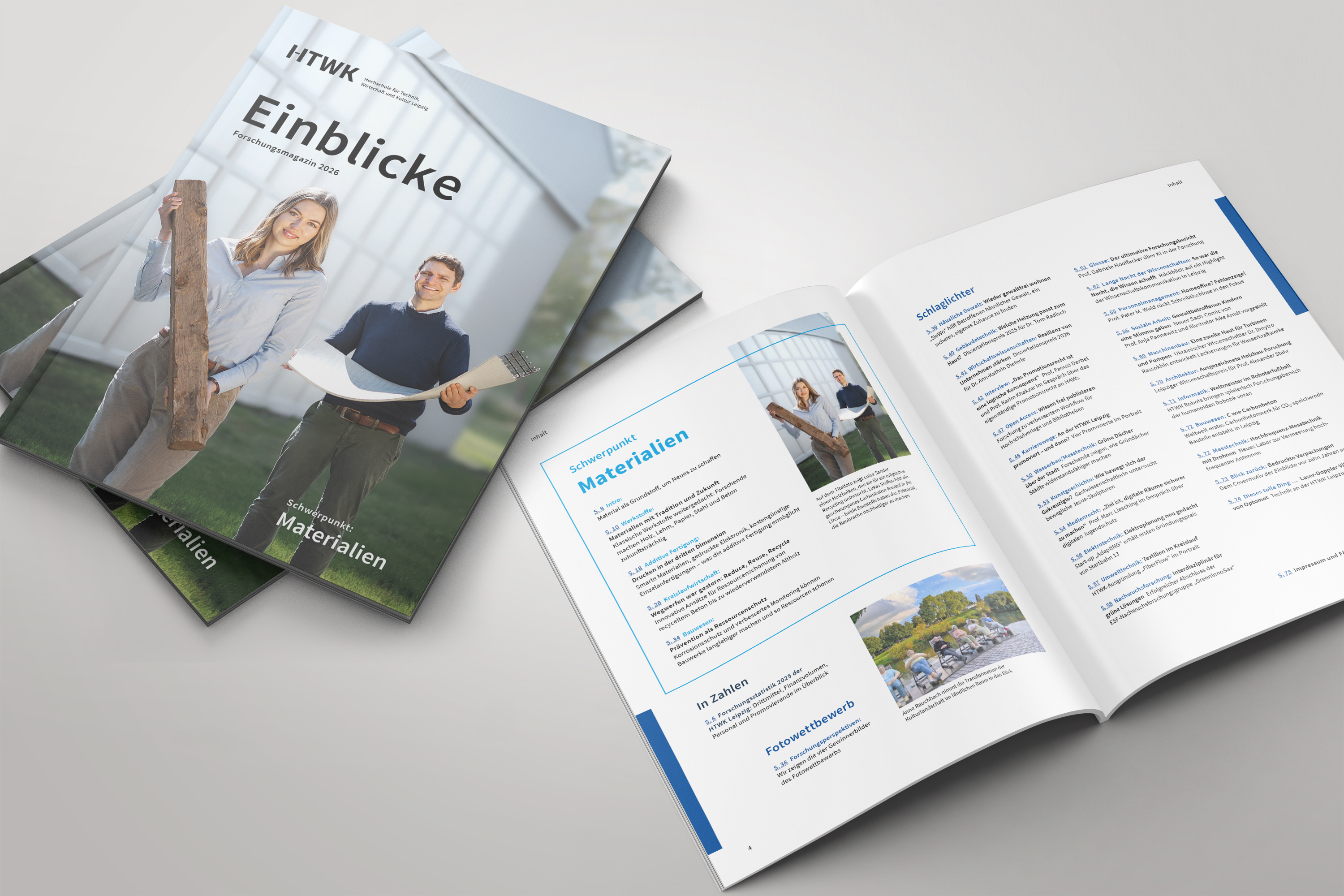Mockup Einblicke 2026 geschlossene und geöffnete Einblicke-Magazine mit dem Inhaltsverzeichnis