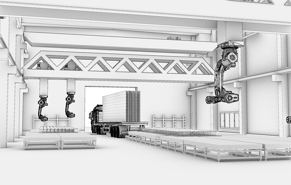 Kranbahn, Industrieroboter, Laufband … So könnte das Holzbauforschungszentrum ab Sommer 2024 aussehen (Grafik: Martin Dembski/HTWK Leipzig)