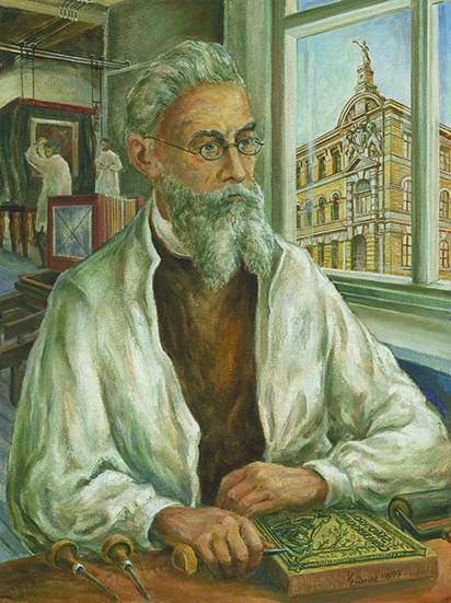 Portät von Ludwig Nieper an seinem Arbeitsplatz mit einem Holzschnitt 