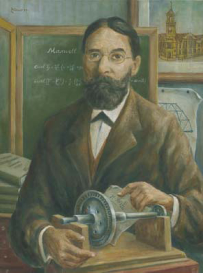 Porträt von August Föppl mit einem technischen Arbeitsgerät auf dem Schreibtisch