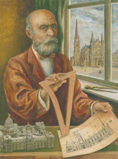 Porträt von Constantin Lipsius an seinem Schreibtisch mit Unterlagen und Zeichengerät