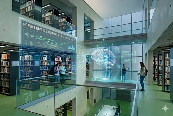 Innenraum der Hochschulbibliothek der HTWK Leipzig mit digitaler Projektion. Innenraum der Hochschulbibliothek