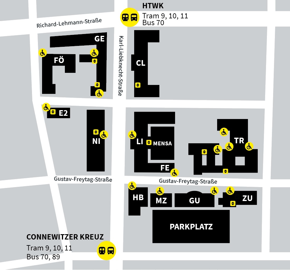 Unser Campus ist weitestgehend barrierearm. Für Fragen zu den Eingängen wenden Sie sich bitte an die Beauftragten für Studierende mit Beeinträchtigungen.