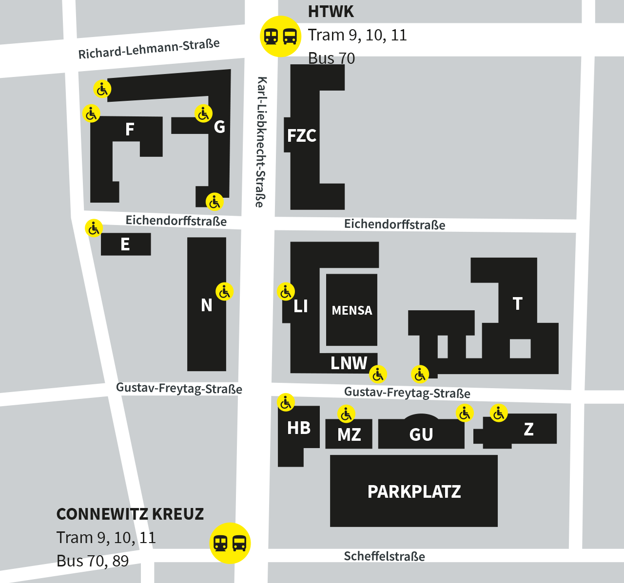 Grafischer Campusplan der HTWK Leipzig mit gelben Markierungen für barrierefreie Ein- und Ausgänge