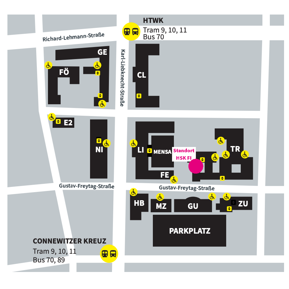 Übersichtsplan der HTWK-Gebäude am Campus mit barrierefreien Eingängen