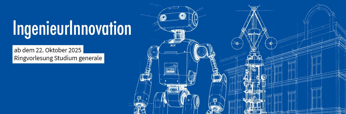Illustration zur Ringvorlesung Ingenieurinnovation: Nao-Fußballroboter und technisches Gerät aus dem Automatikmuseum vor dem Wiener-Bau