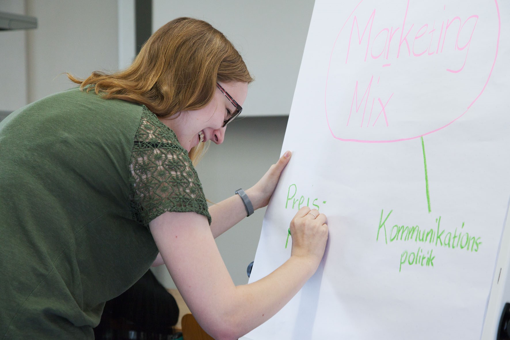 Eine Studentin schreibt auf ein Flipchart den Marketing-Mix, unter anderem bestehend aus Kommunikationspolitik und Preispolitik.