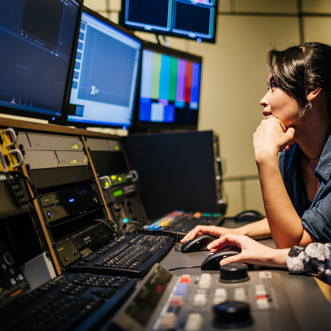 Studentin im Fernsehstudio am Mischpult