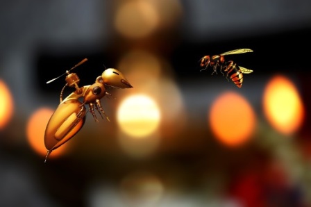 Eine Roboterwespe und eine normale Wespe stehen sich in der Luft gegenüber.