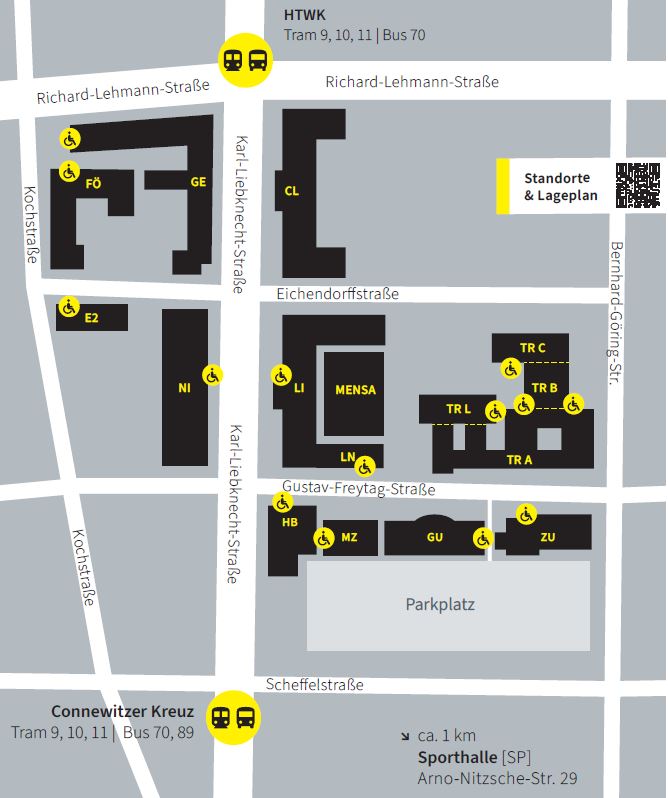 Grafischer Campusplan der HTWK Leipzig mit gelben Markierungen für barrierefreie Ein- und Ausgänge