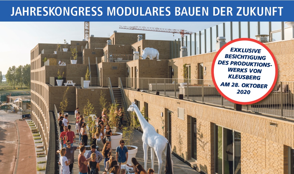 Jahreskongress modulares Bauen der Zukunft Jahreskongress modulares Bauen der Zukunft. Menschen stehen auf der Terrasse eines modular aufgebauten Gebäudes unter unterhalten sich.