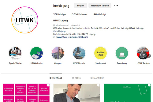Startseite des Instagramprofils mit Übersicht der Beiträge
