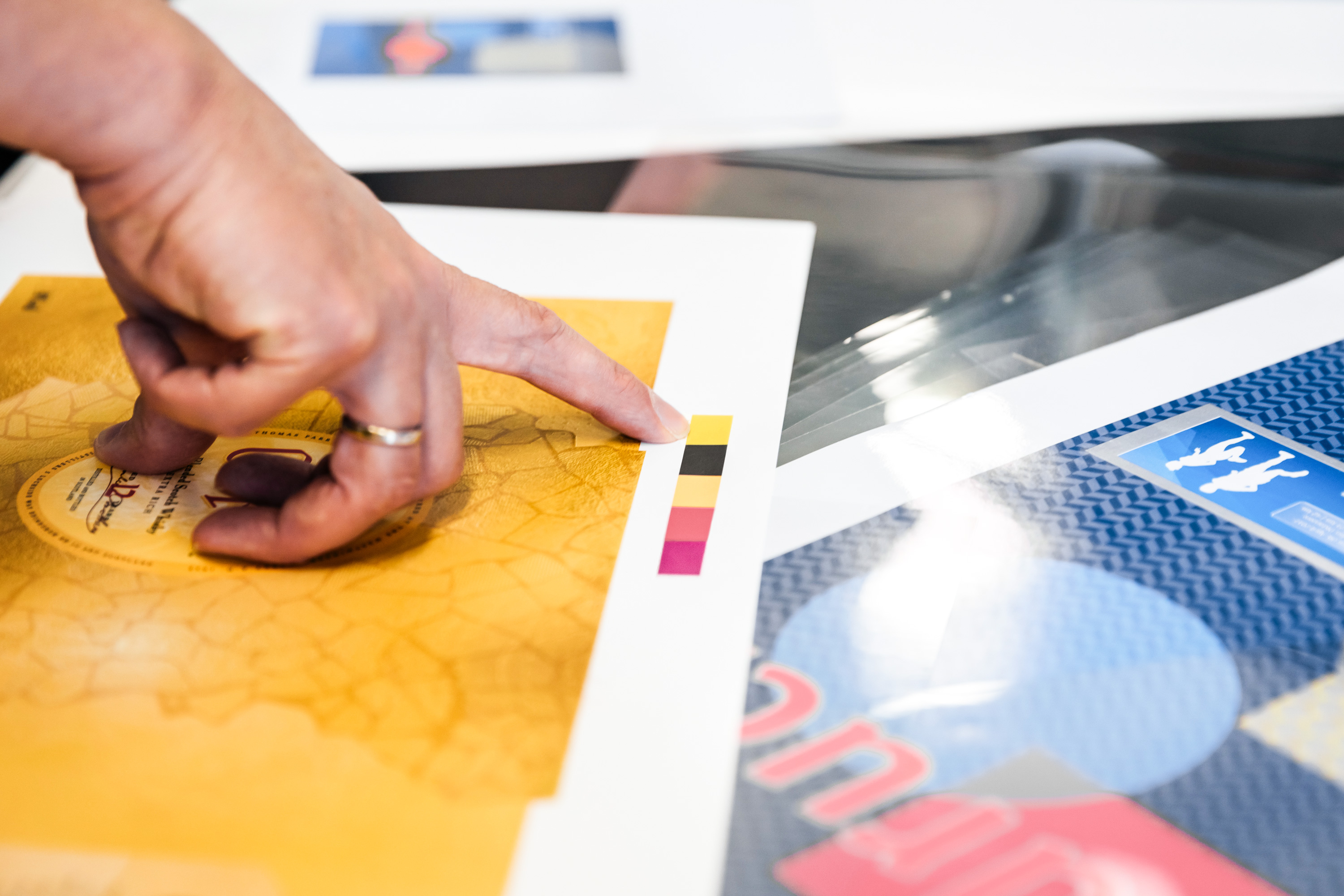 Bunte Vielfalt an der HTWK Leipzig Person zeigt auf die Farbpalette eines ausgedruckten Posters