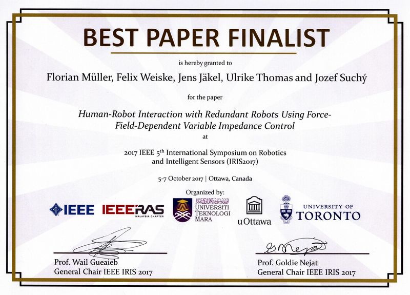 Urkunde „Best Paper Finalist“ der IEEE IRIS 2017