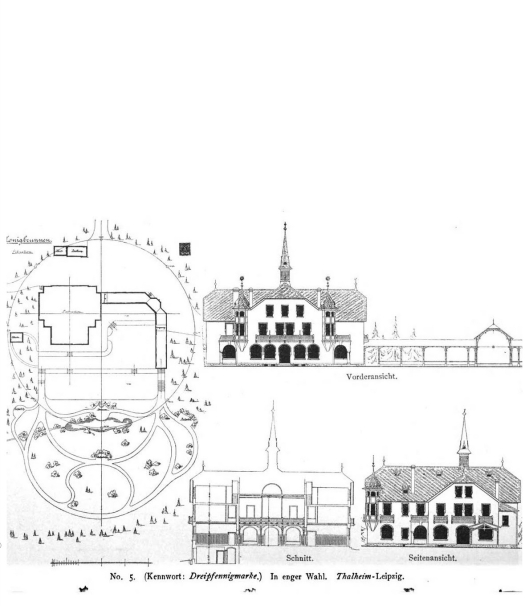 Entwurf „Dreipfennigsmarke“ des Leipziger Architekten und Hochschulprofessors Friedrich Felix Thalheim (1861 – 1917) (Foto: Artefakte 2019, aus Deutsche Konkurrenzen 1893). Entwurf „Dreipfennigsmarke“ des Leipziger Architekten und Hochschulprofessors Friedrich Felix Thalheim (1861 – 1917) (Foto: Artefakte 2019, aus Deutsche Konkurrenzen 1893).